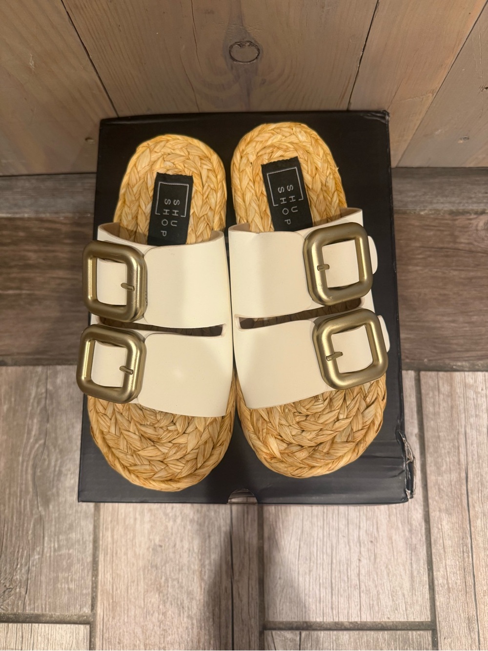 ShuShop White Double-Buckle Braided-Texture Slide Sandals